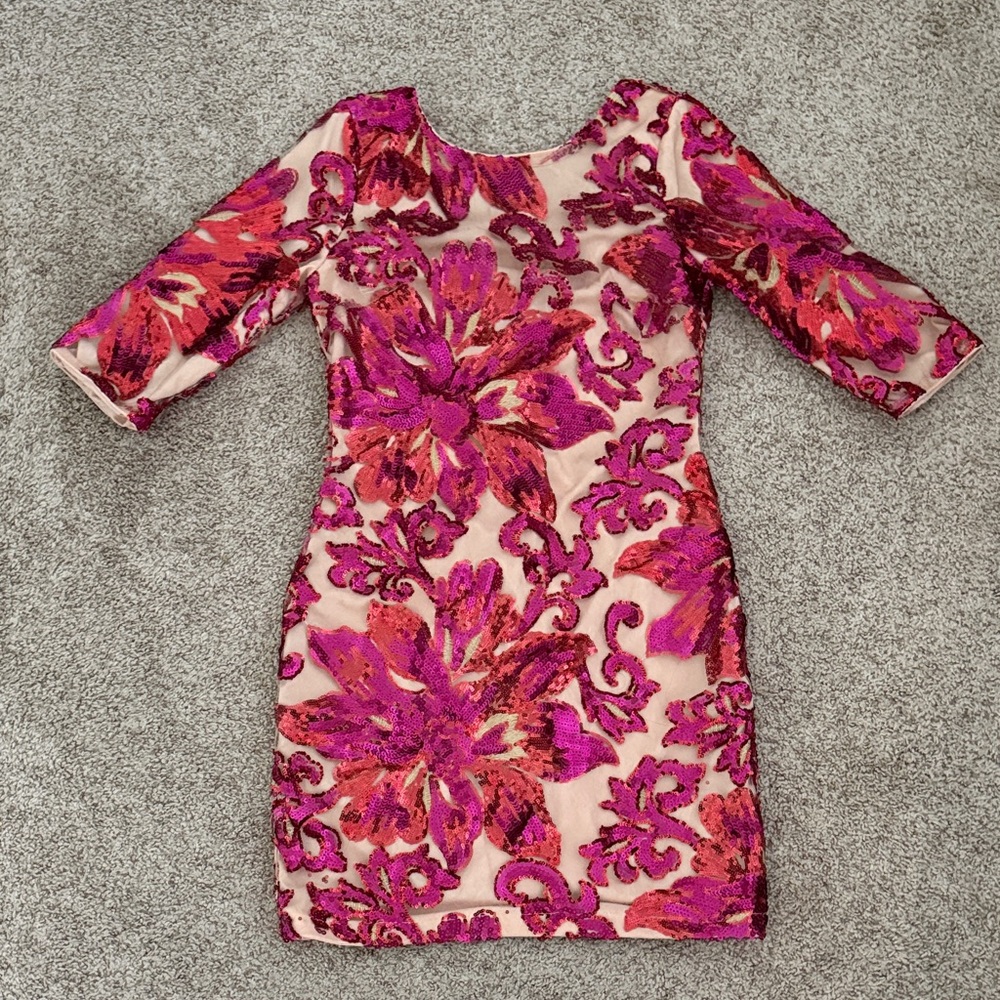 Sequin Pink and Red Floral Mini Dress